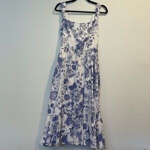 Reformation bucatini white and blue floral printed linen midi dress